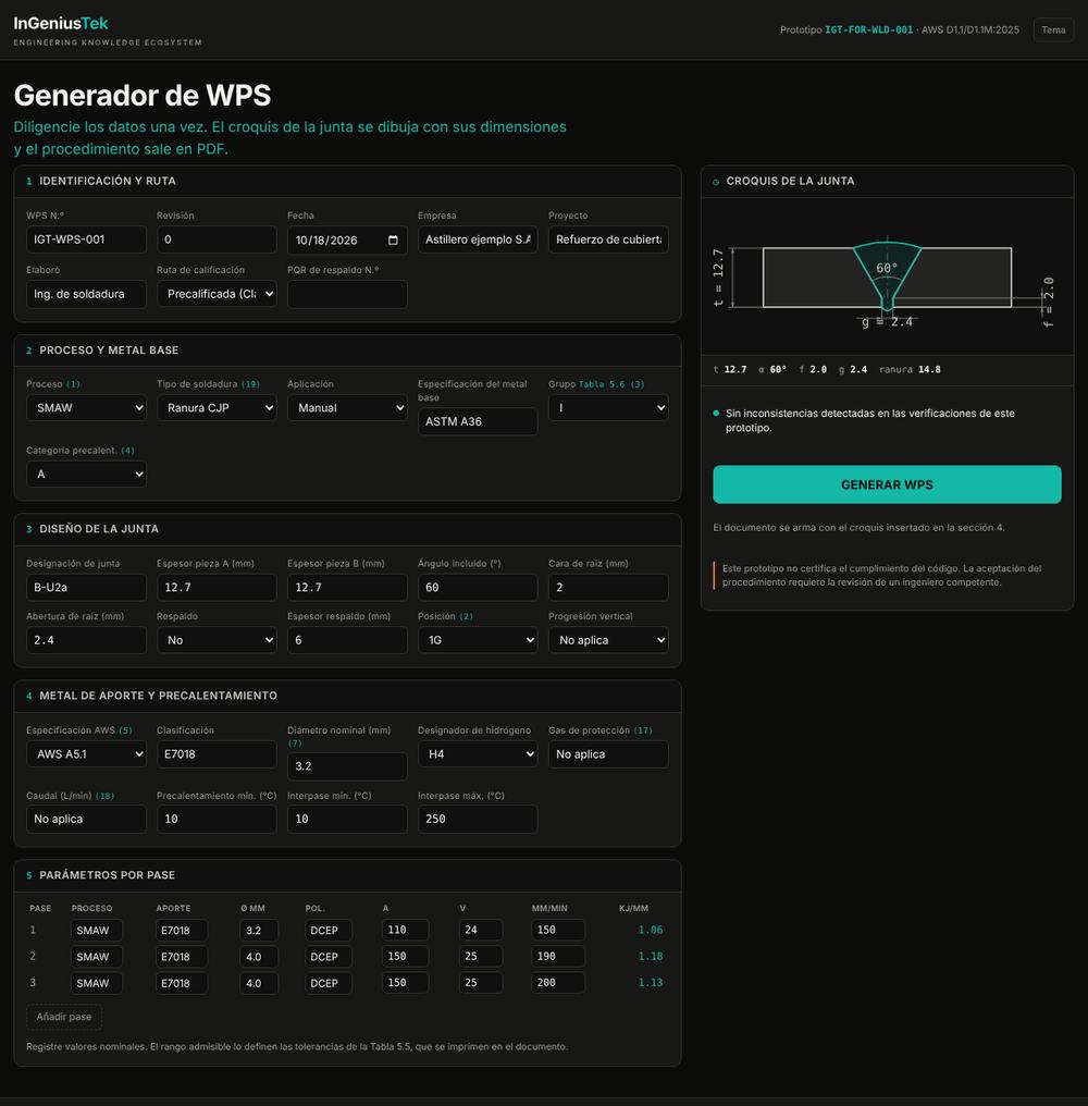 Pantalla del generador de WPS con el croquis de la junta